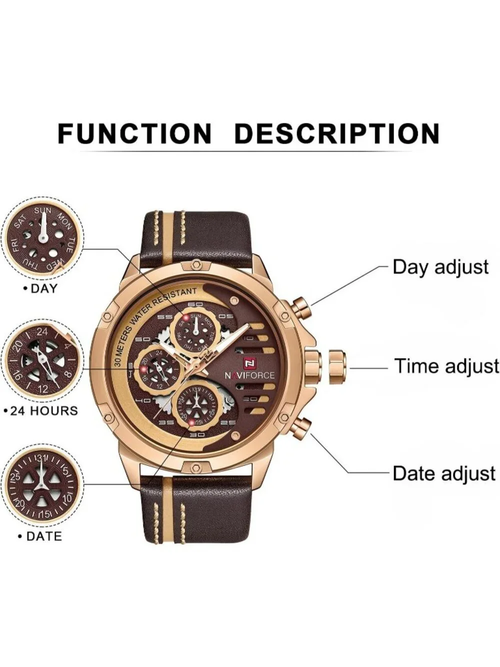 Mens Rose Gold Coffee Brown Analog Leather Band Waterproof Military Wrist Watch
